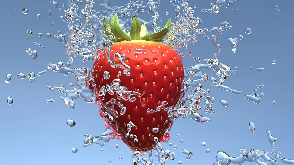 Fresh Red Strawberry With Splashing Water Drops On Blue Background 3d model 