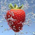 Fresh Red Strawberry With Splashing Water Drops On Blue Background