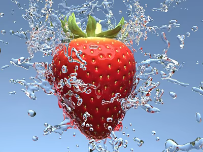 Fresh Red Strawberry With Splashing Water Drops On Blue Background 3d model Fresh Red Strawberry With Splashing Water Drops On Blue Background 3d model