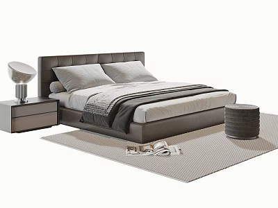 Modern Double Bed with Dark Headboard Pillows Blanket Nightstand Table Lamp Round Stool Rug Magazines 3d model