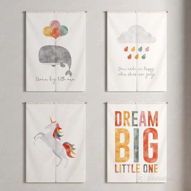 Colorful Kids Room Curtains With Whale Balloons Cloud Raindrops Unicorn And Dream Big Text 3d model 