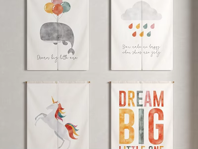 Colorful Kids Room Curtains With Whale Balloons Cloud Raindrops Unicorn And Dream Big Text 3d model