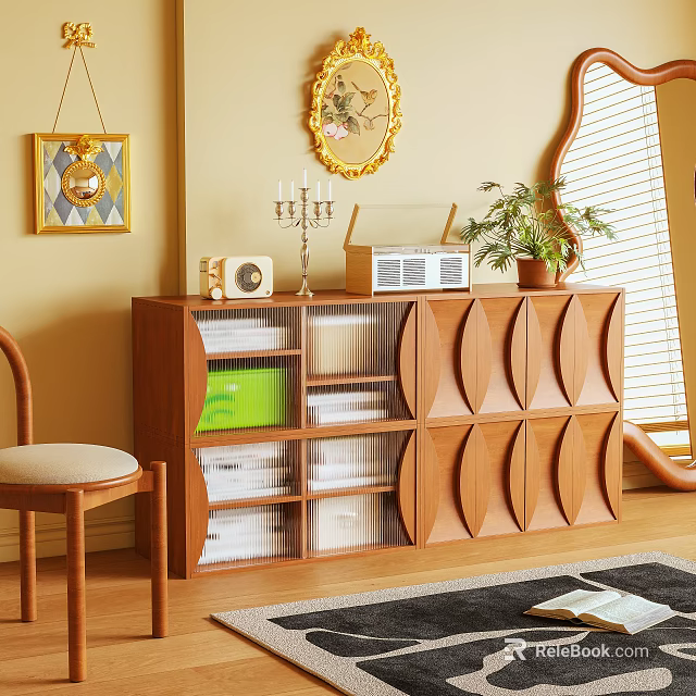 Wooden Bookcase With Multiple Compartments Holding Books And Decorative Items In Cozy Living Room 3d model 