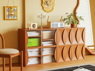 Wooden Bookcase With Multiple Compartments Holding Books And Decorative Items In Cozy Living Room 3d model