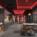 Modern Hot Pot Restaurant Interior With Red Decor Open Layout Dining Tables And Buffet Area 3d model