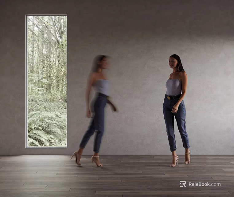 Woman Standing Indoors With Moving Figure Gray Wall Wooden Floor And Green Window View 3d model 