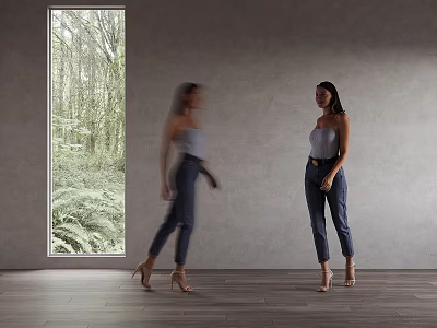 Woman Standing Indoors With Moving Figure Gray Wall Wooden Floor And Green Window View 3d model