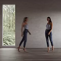 Woman Standing Indoors With Moving Figure Gray Wall Wooden Floor And Green Window View