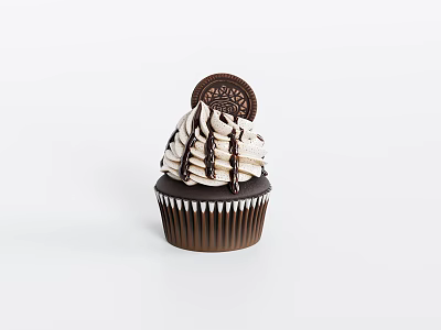 Decadent Cupcake with Fluffy Vanilla Frosting Chocolate Drizzle and Oreo Cookie Topping 3d model