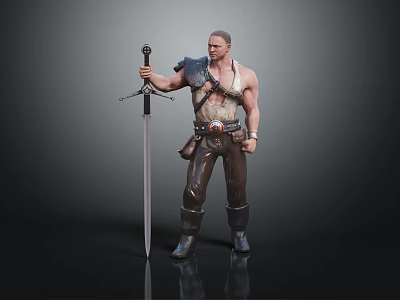 Shirtless Muscular Game Movie Character With Shoulder Armor Long Sword Leather Pants And Boots 3d model