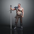 Shirtless Muscular Game Movie Character With Shoulder Armor Long Sword Leather Pants And Boots