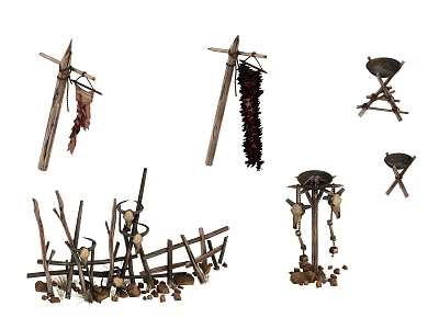 Traditional Wooden Hanging Tools With Handcrafted Structures And Drying Racks 3d model