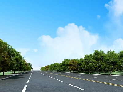Wide Road Facilities Featuring Trees Yellow Dividing Lines White Lane Lines Blue Sky White Clouds 3d model