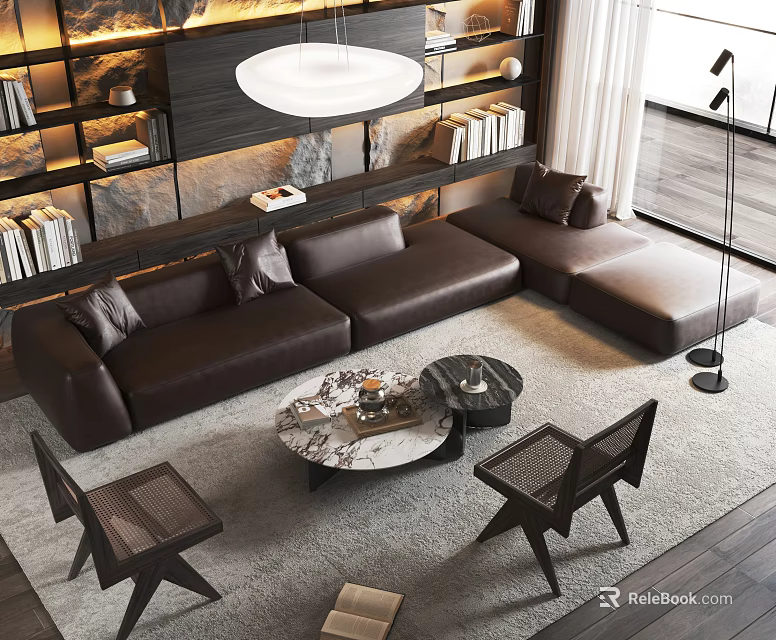 Modern Brown Leather L Shaped Sofa And Marble Coffee Table Set With Bookshelves And Windows 3d model 