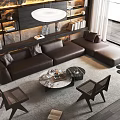 Modern Brown Leather L Shaped Sofa And Marble Coffee Table Set With Bookshelves And Windows