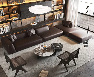 Modern Brown Leather L Shaped Sofa And Marble Coffee Table Set With Bookshelves And Windows 3d model