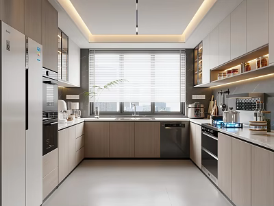 Modern Kitchen Interior With Light Wood Cabinets Stainless Steel Appliances And Bright Window Countertop 3d model