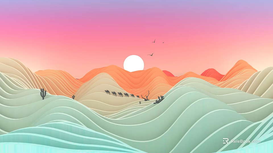 Desert Landscape With Sunset Sky Sand Dunes Cactus And Flying Birds 3d model 