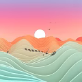 Desert Landscape With Sunset Sky Sand Dunes Cactus And Flying Birds
