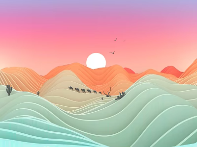 Desert Landscape With Sunset Sky Sand Dunes Cactus And Flying Birds 3d model