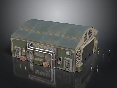 Green Roofed Industrial Building Structure With Metal Pipes Doors Windows And Equipment 3d model
