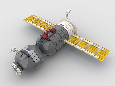 Detailed Spacecraft Building Block Model Featuring Yellow Solar Panels Gray Body And Red Accents 3d model