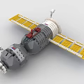 Detailed Spacecraft Building Block Model Featuring Yellow Solar Panels Gray Body And Red Accents