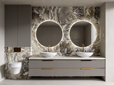 Modern Bathroom Vanity Interior With Double Round Mirrors Marble Wall And Dual Sinks 3d model