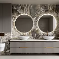 Modern Bathroom Vanity Interior With Double Round Mirrors Marble Wall And Dual Sinks 3d model