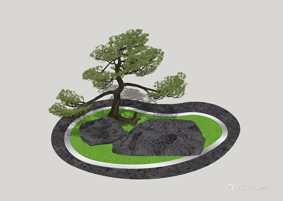 Graceful Pine Tree in Landscaped Area With Green Grass Large Rocks and Circular Border 3d model 