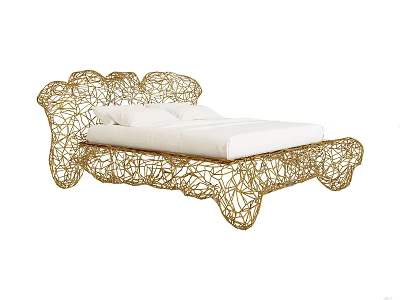 Golden Woven Double Bed With Intricate Frame Design And White Mattress 3d model