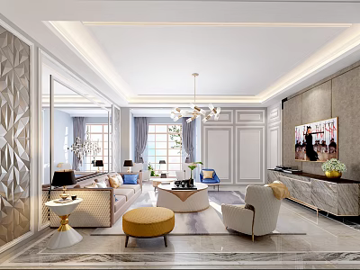 Elegant Modern Living Room Interior With Sofa Coffee Table And Chandelier 3d model