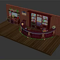 Cartoon Style Bar Scene With Red Curved Counter Wooden Shelves Colorful Bottles And Wooden Floor