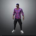 Male Character In Pink Plaid Shirt Black Pants With Purple Headscarf Sunglasses And Gray Background