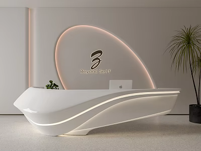 Modern White Curved Reception Desk With LED Strip Lighting Baywindow Logo And Potted Plant 3d model
