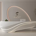 Modern White Curved Reception Desk With LED Strip Lighting Baywindow Logo And Potted Plant