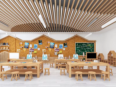 Book Art Classroom Interior With Wooden Desks Children's Paintings Blackboard And Bookshelves 3d model