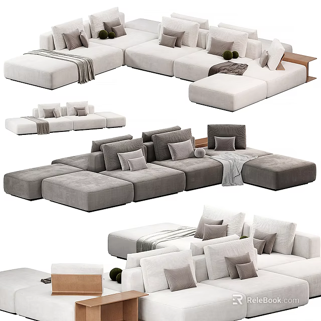 Modern Sectional Sofa with Multiple Configurations Light Gray White Upholstery Plush Pillows and Throw Blankets 3d model