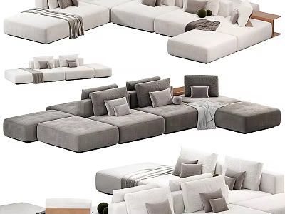 Modern Sectional Sofa with Multiple Configurations Light Gray White Upholstery Plush Pillows and Throw Blankets 3d model
