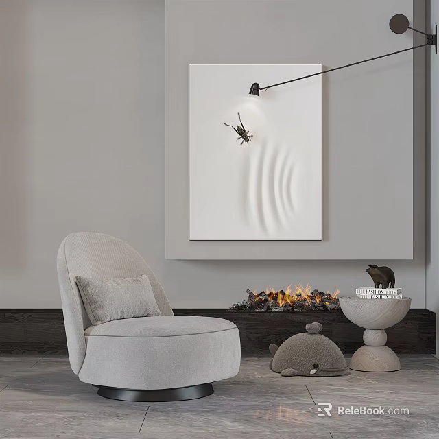 Light Gray Modern Single Sofa With Fireplace Flames Abstract Wall Art And Black Floor Lamp 3d model 