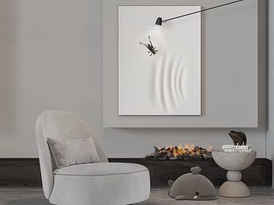 Light Gray Modern Single Sofa With Fireplace Flames Abstract Wall Art And Black Floor Lamp 3d model