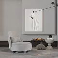 Light Gray Modern Single Sofa With Fireplace Flames Abstract Wall Art And Black Floor Lamp