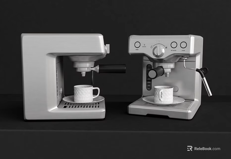 Two Modern Kitchen Coffee Machines Brewing Coffee With White Cups 3d model 