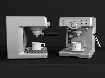 Two Modern Kitchen Coffee Machines Brewing Coffee With White Cups 3d model