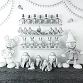 Stuffed Toys Display with Blue Background Shelves Mickey Mouse Figures Elephant Plush and Decorative Bunting