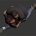 Happy Man And Woman Hugging In Gray Shirts Blue Jeans Lifting Legs On Gray Background