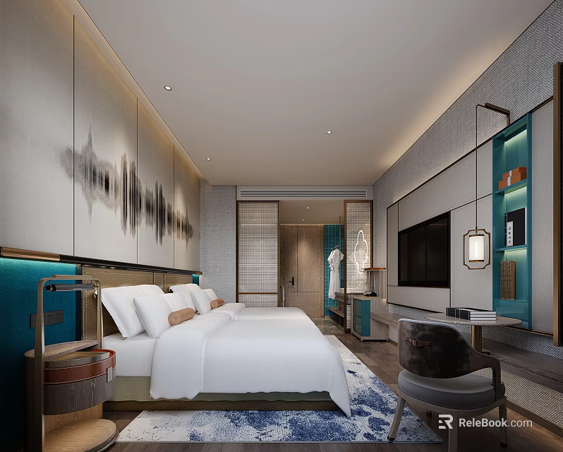 Modern Elegant Hotel Guest Room Interior With King Bed Decorative Painting Work Desk And Accent Chair 3d model 