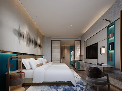 Modern Elegant Hotel Guest Room Interior With King Bed Decorative Painting Work Desk And Accent Chair 3d model