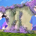 Scenic Photo Check-in Spot With Purple Floral Wall Green Grass and Blue Sky