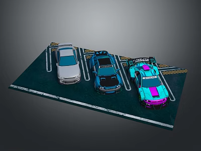 Three Different Colored Cars Parked In A Modern Parking Lot With Lines 3d model
